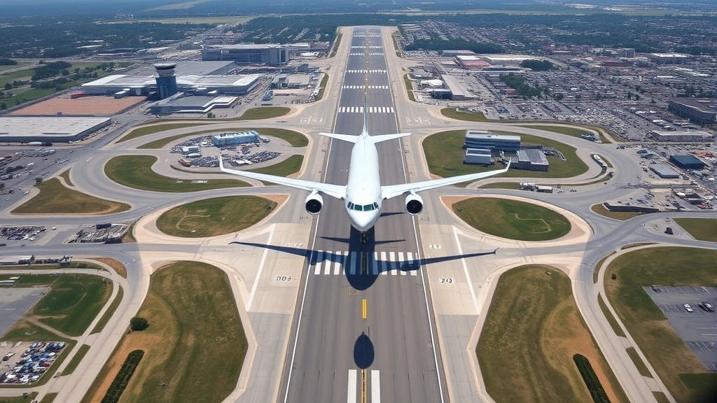 Aerial view of Newark Liberty International Airport with runway perspective, commercial aircraft in flight approaching terminal, New Jersey landscape visible below, professional aviation photography, bright daylight conditions