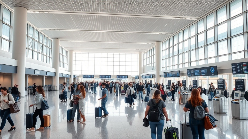 Interior of modern airport terminal with travelers checking departure boards, diverse passengers with luggage navigating security area, clean contemporary architecture with large windows, natural lighting, busy but organized atmosphere