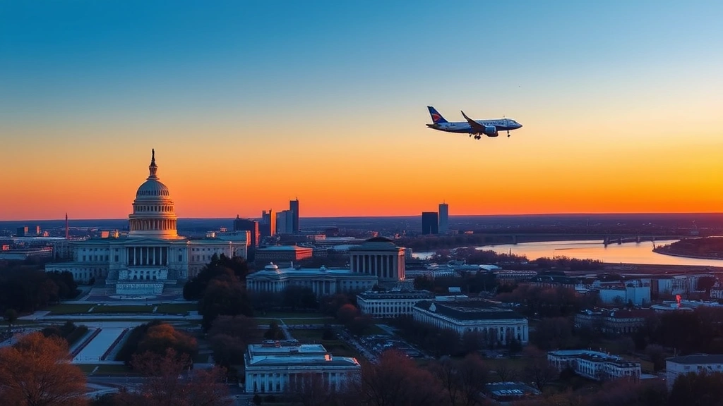 Scenic view of Washington DC skyline at sunset with Capitol Building and monuments visible, commercial aircraft on final approach to Reagan National Airport, Potomac River in background, golden hour lighting, realistic travel photography
