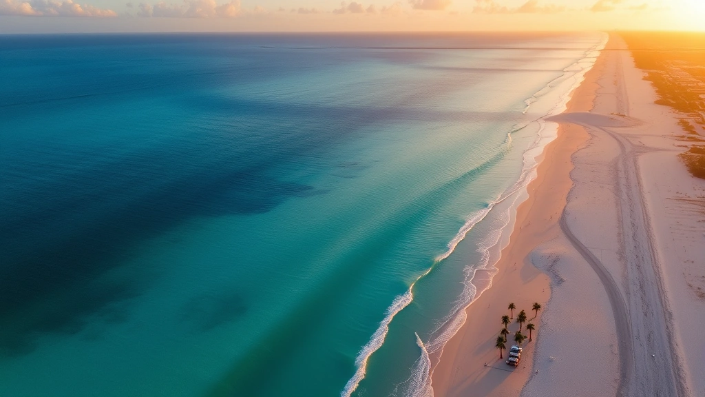 Aerial view of Fort Lauderdale beach with turquoise water, white sand, palm trees, and Atlantic Ocean horizon at golden hour sunset