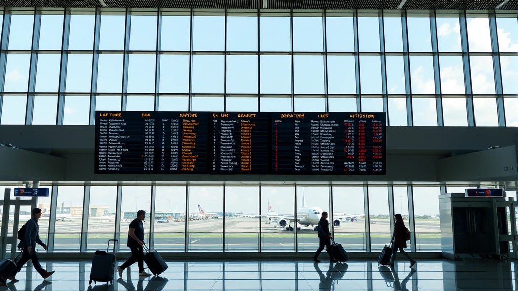 Modern airport terminal interior with departure board displaying flight information, travelers with luggage, and tall windows showing runway aircraft