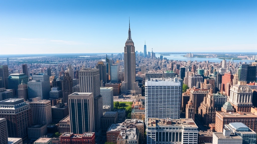 Overhead shot of New York City skyline featuring Empire State Building, Central Park, and Manhattan skyscrapers under clear blue sky