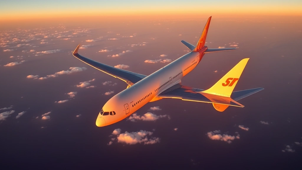 A modern commercial aircraft (Boeing 787 or Airbus A350) captured mid-flight over the Atlantic Ocean at sunset, with golden light reflecting off the fuselage and wings, showing the vast ocean below with white cloud formations scattered across the view