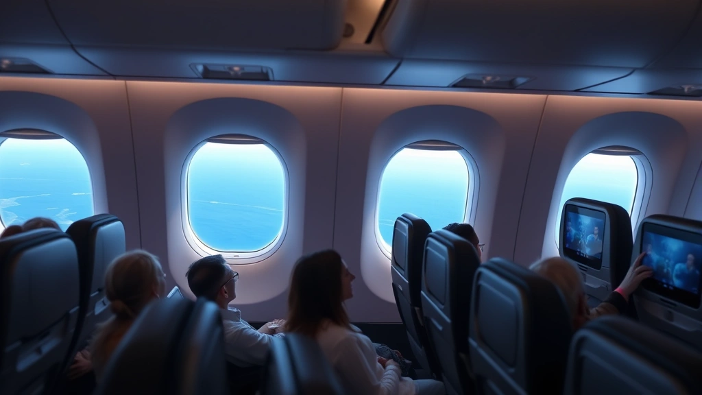 Interior cabin view of a wide-body aircraft with passengers in comfortable seats, window shades open showing the Atlantic Ocean below, soft cabin lighting, modern in-flight entertainment screens visible, creating a sense of transatlantic journey comfort