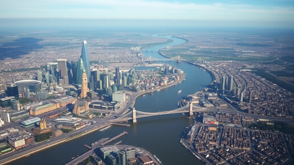 Aerial photograph of London's skyline during daytime with the Thames river winding through the city, showing iconic landmarks and urban landscape, taken from approximately 5000 feet altitude, representing the final approach to London Heathrow