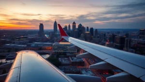 Aerial view of Nashville skyline at sunset with Cumberland River and Broadway illuminated, modern aircraft wing visible in foreground, professional travel photography