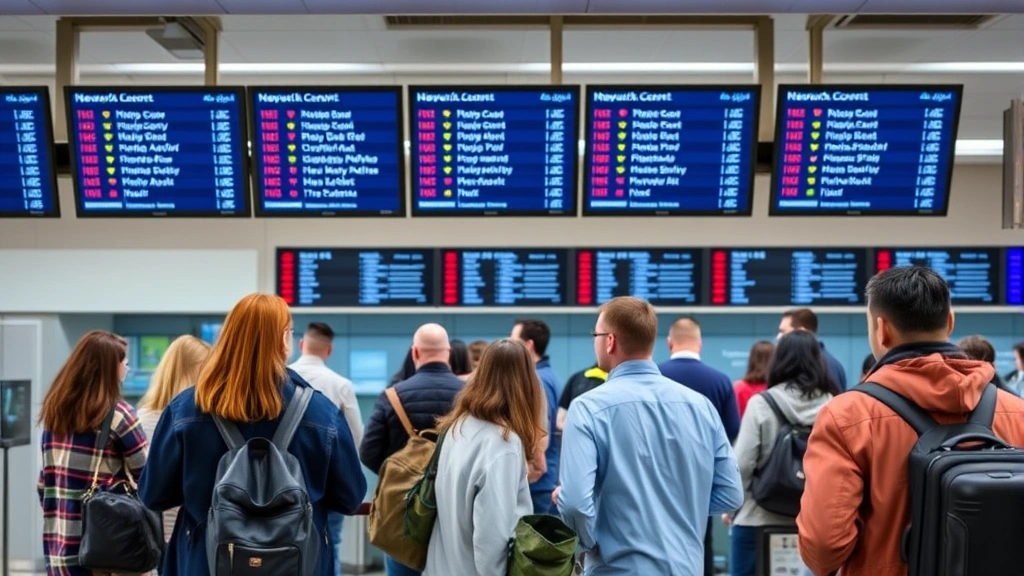 Busy check-in counter at Newark Airport with travelers queuing, departure boards showing multiple flight destinations, professional airport environment photography