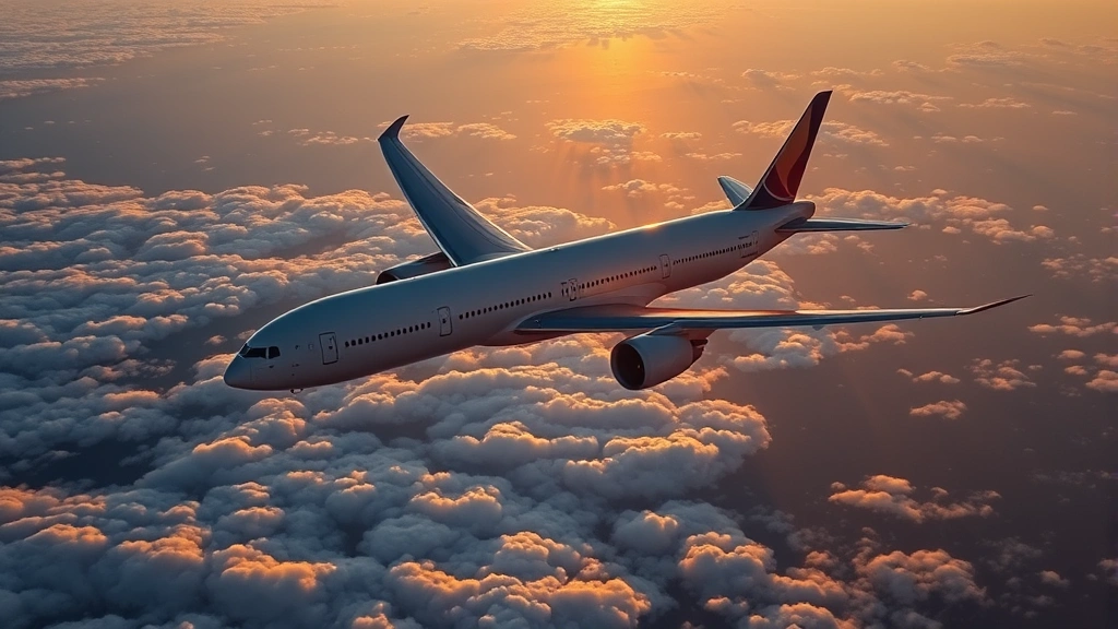 Aerial view of a modern Boeing 777 wide-body aircraft cruising over the Atlantic Ocean at sunset, with puffy white clouds below and golden light reflecting off the fuselage, showcasing the scale and elegance of transatlantic travel