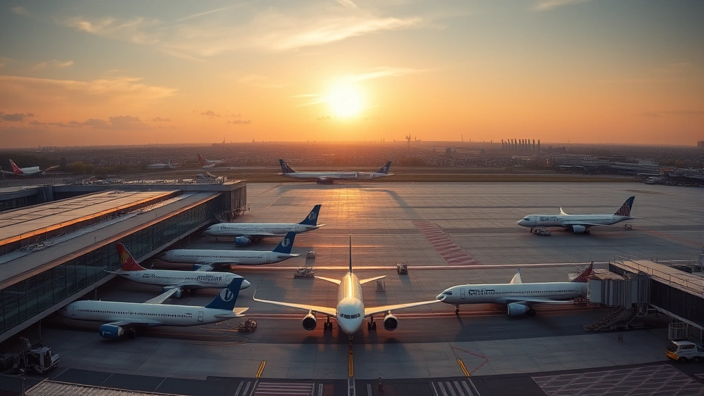 Panoramic view of Paris Charles de Gaulle Airport terminal with multiple aircraft parked at gates, modern architecture, and the Parisian skyline visible in the distance during golden hour, representing arrival in Europe