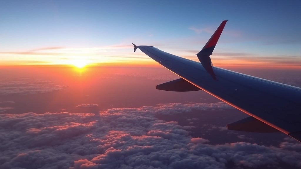 Aerial photograph of a commercial aircraft flying over the Atlantic Ocean at sunset, with golden light reflecting off the wing, clouds below, representing transatlantic travel