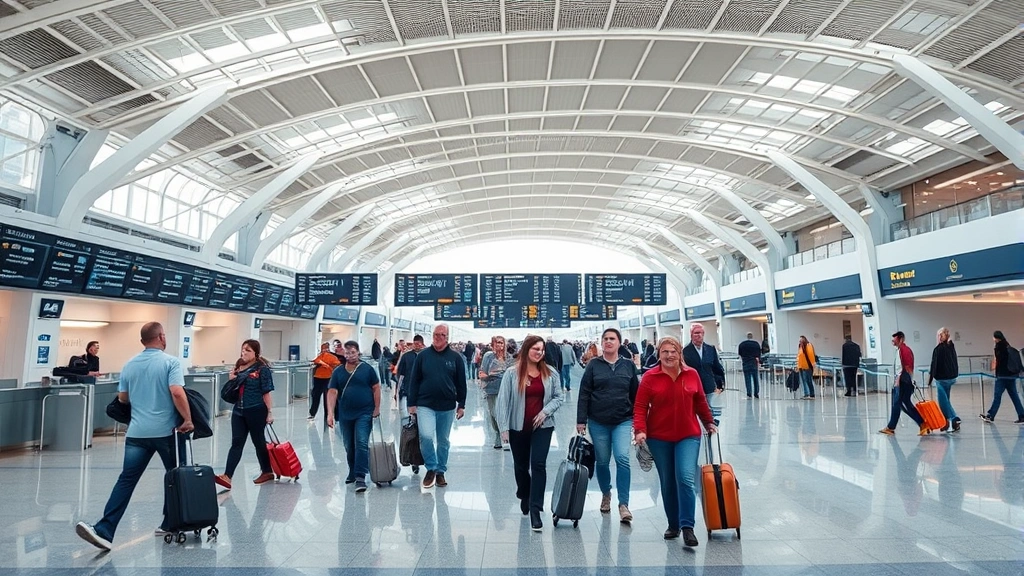 Busy departure hall of an international airport terminal with travelers checking in and walking with luggage, modern architecture with departure boards visible in background