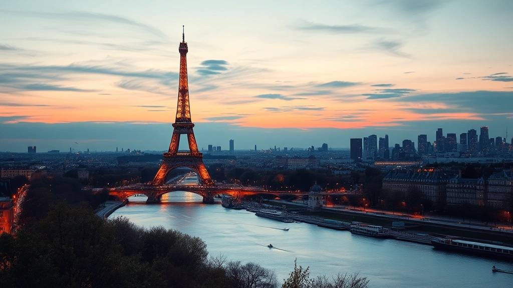 Scenic view of the Eiffel Tower and Paris skyline at dusk with city lights beginning to illuminate, Seine River visible, capturing the destination appeal