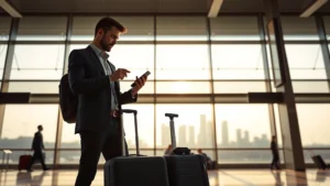 Professional businessman standing in modern airport terminal with skyline view through windows, holding luggage and checking phone, morning light, realistic airport environment with other travelers