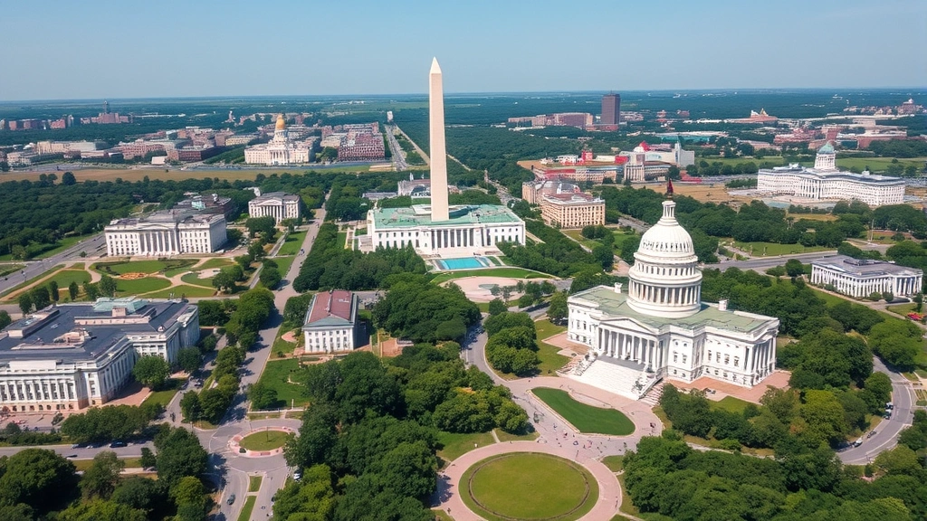 Aerial view of Washington DC monuments including Washington Monument and Capitol Building, clear day with white marble buildings surrounded by green spaces, realistic photographic style