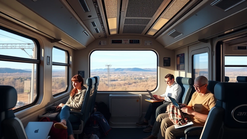 Interior of Amtrak Northeast Regional train with comfortable seating, large windows showing landscape, passengers working on laptops, modern rail car ambiance, realistic train environment