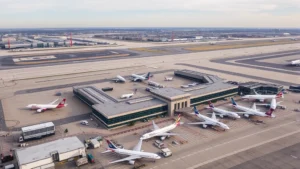Aerial view of Newark Liberty International Airport terminal buildings and runways with commercial aircraft parked at gates during daytime, professional aviation photography