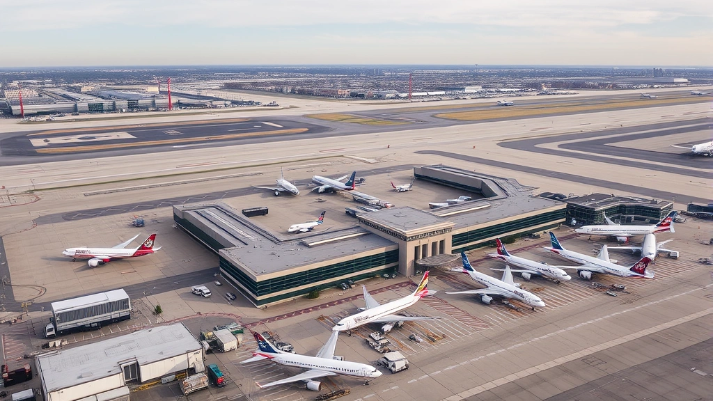 Aerial view of Newark Liberty International Airport terminal buildings and runways with commercial aircraft parked at gates during daytime, professional aviation photography