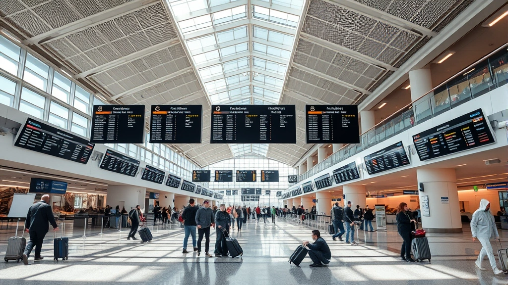 Modern Chicago O'Hare International Airport interior showing departure boards, travelers with luggage, and contemporary terminal architecture with natural lighting