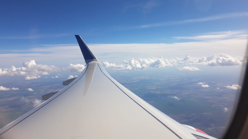Close-up of airplane window view showing aircraft wing over Midwest landscape during flight, clouds and patchwork farmland visible below, realistic travel perspective