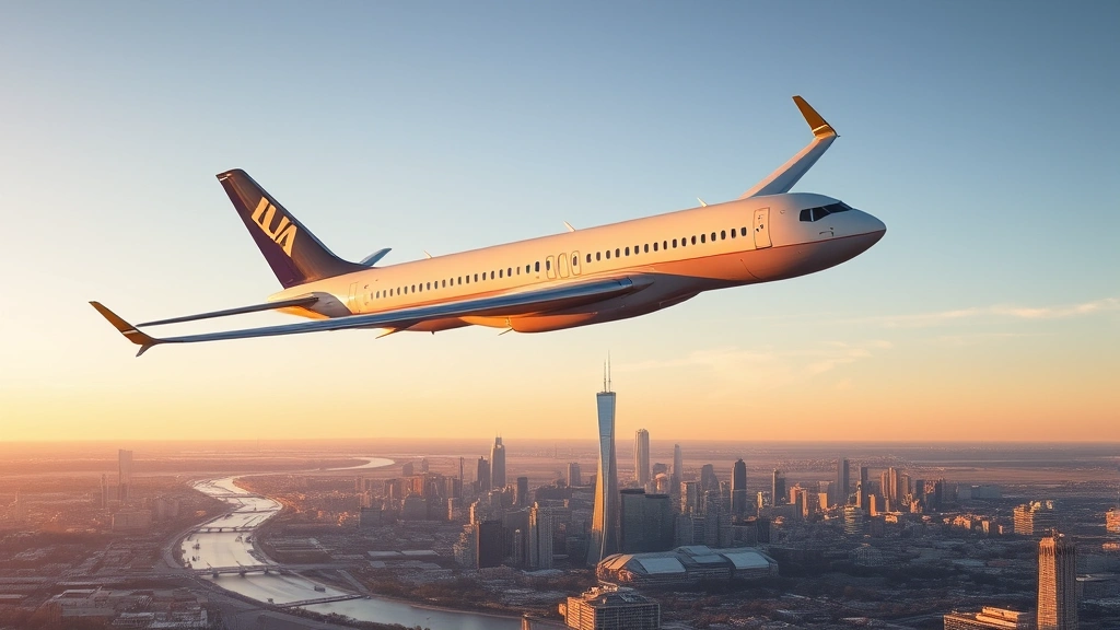 Modern commercial aircraft in flight over urban landscape with Newark and Chicago skylines visible below, golden hour lighting, realistic photography