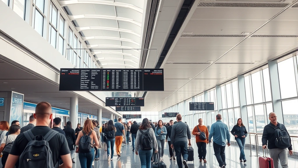 Busy airport terminal interior with travelers checking flight boards and moving through corridors, natural lighting from windows, authentic airport atmosphere
