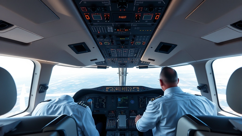 Modern commercial aircraft cockpit with pilots monitoring advanced flight systems and navigation displays during daytime flight operations