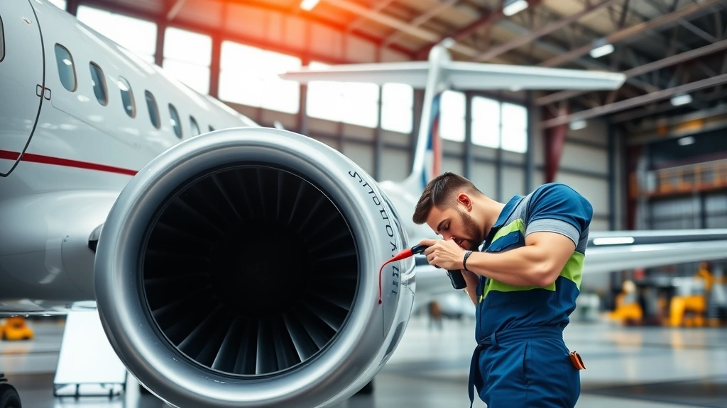 Aircraft maintenance technician performing detailed inspection of commercial jet engine and wing components in hangar facility