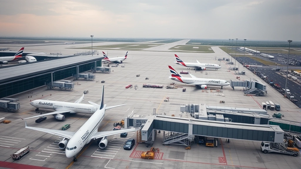 Aerial view of modern international airport with multiple commercial aircraft parked at gates during busy travel day