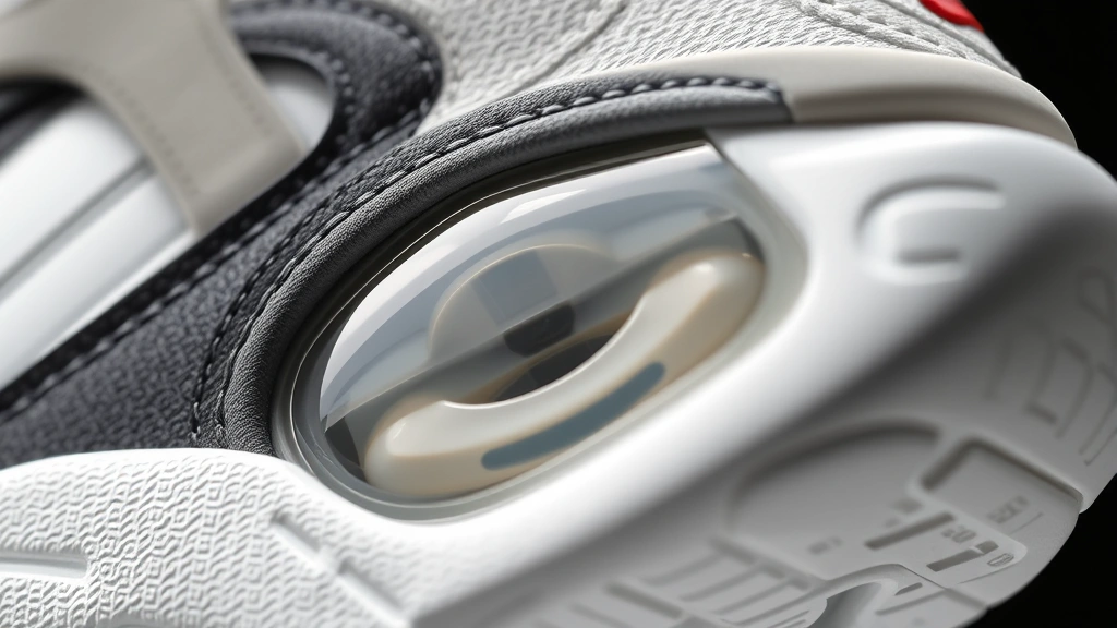 Close-up detail shot of Nike Air Flight showcasing cushioning technology and construction quality, macro photography revealing stitching precision, material textures, and the iconic Air unit visible through transparent sole window