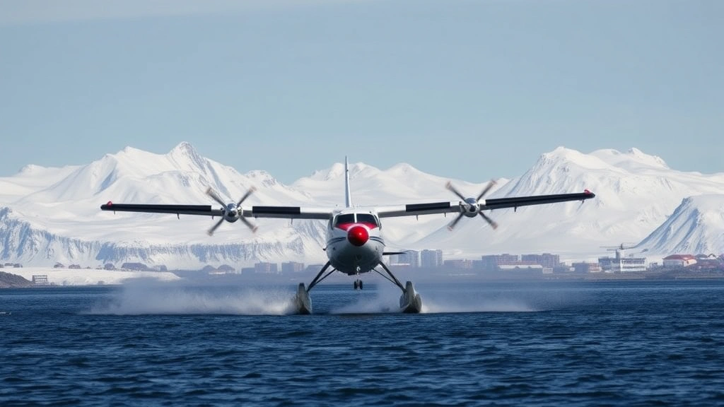 Arctic seaplane landing on water near snowy mountains with Nuuk settlement visible in background, daylight conditions