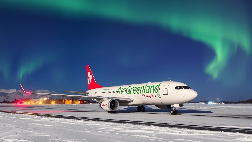 Air Greenland aircraft on runway during winter with snow-covered landscape and Aurora Borealis visible in night sky