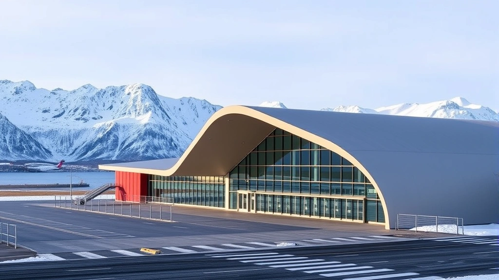 Nuuk Airport terminal building exterior with modern architecture, mountains and fjord in background, clear Arctic weather