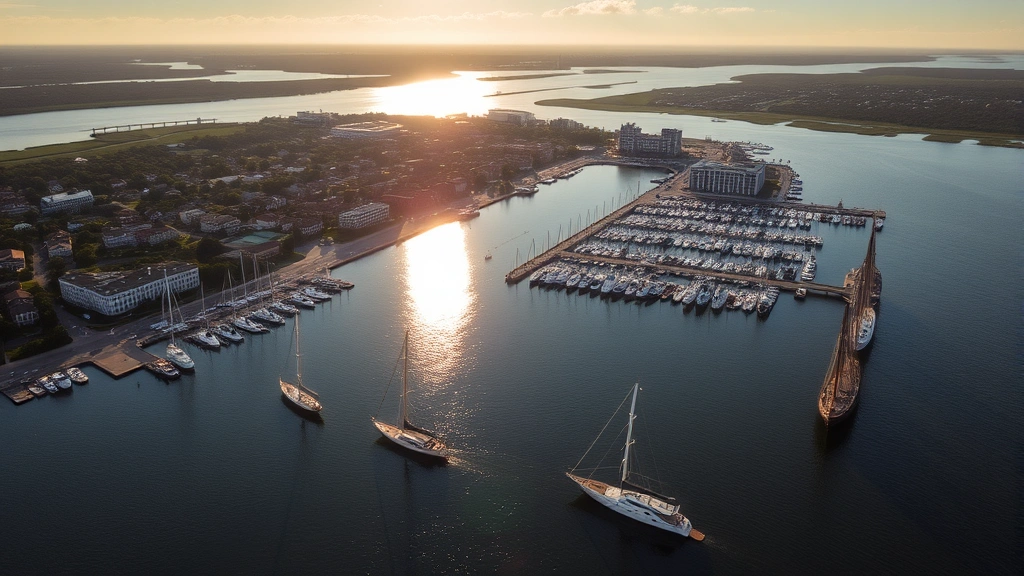 Aerial view of Charleston's historic waterfront and harbor with sailboats, morning sunlight reflecting off water, downtown buildings visible, coastal landscape photography
