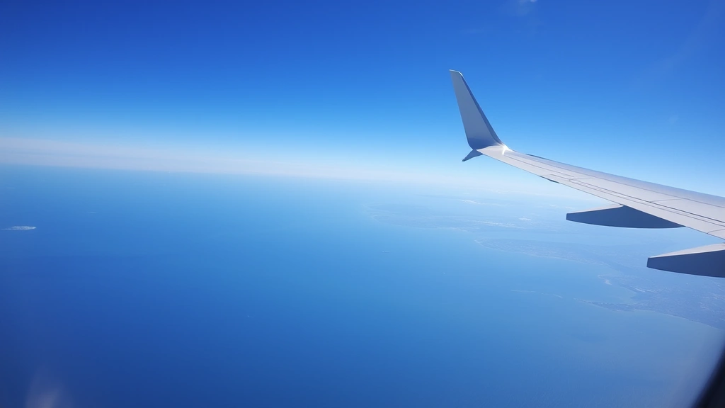 Modern aircraft in flight over Atlantic Ocean approaching Charleston, clear blue sky, wing visible, dynamic travel photography capturing journey between cities