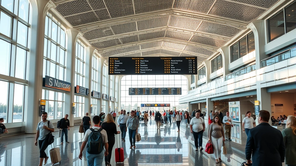 Charleston International Airport terminal interior with travelers, departure boards, modern architecture, natural lighting, bustling airport atmosphere with diverse passengers