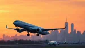Modern commercial aircraft taking off from New York airport runway at sunrise, with Manhattan skyline visible in background, professional aviation photography