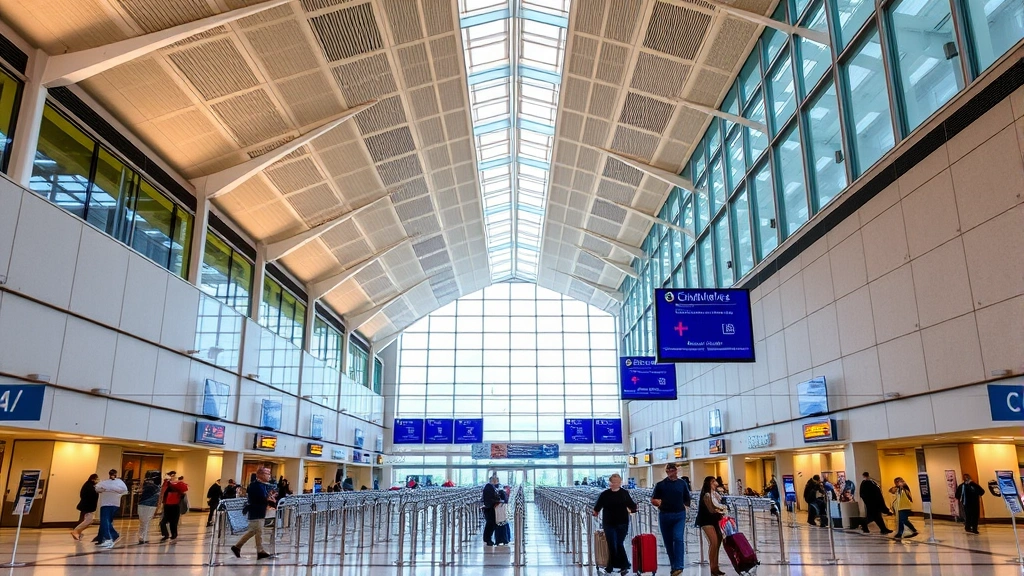 Charlotte Douglas International Airport terminal interior showing modern architecture, boarding gates, and travelers with luggage moving through contemporary airport concourse