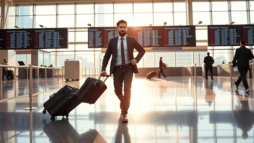 Professional business traveler with luggage rushing through modern airport terminal with departure boards, natural lighting, bustling atmosphere, New York or Washington DC cityscape visible through windows