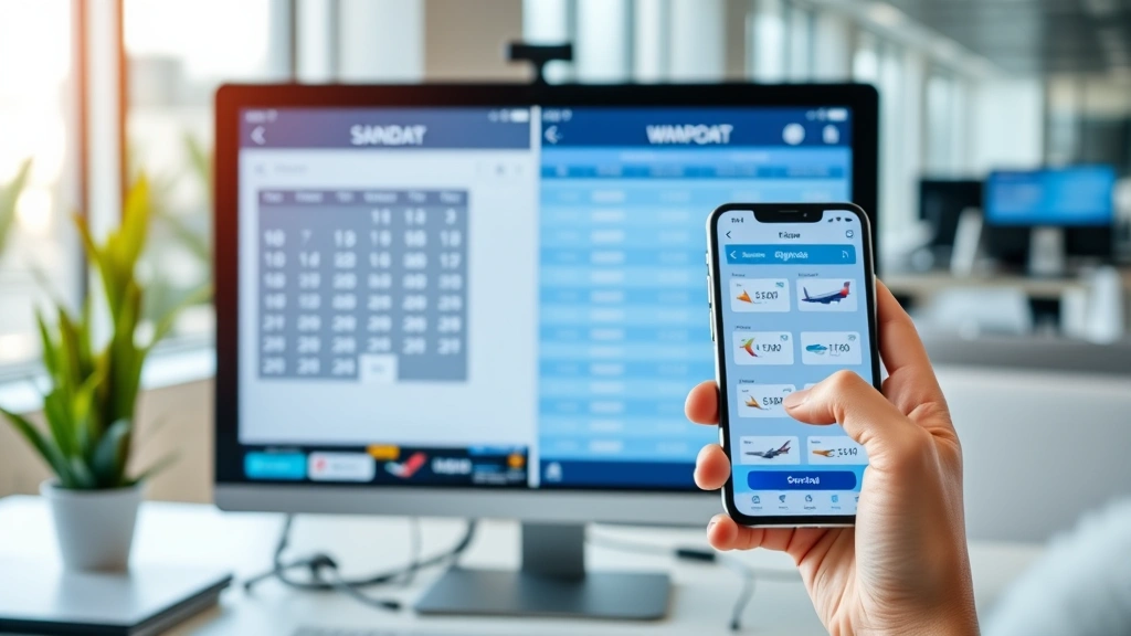 Split-screen comparison showing calendar dates and price charts on computer screen, hands holding smartphone with flight booking app, multiple airline logos visible, bright office environment