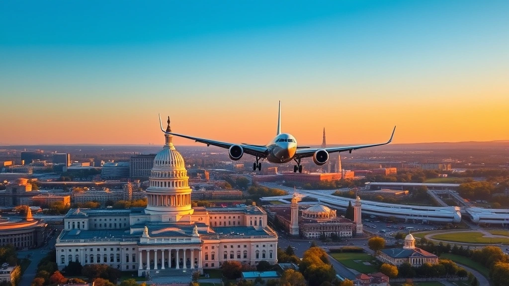 Aerial view of Washington DC skyline with Capitol building and monuments, commercial airplane approaching Reagan National Airport at sunset, clear sky, professional photography
