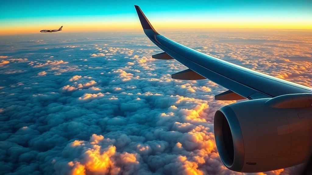 Aerial view of transatlantic aircraft cruising over ocean clouds at sunset, showing wing and engine, photorealistic
