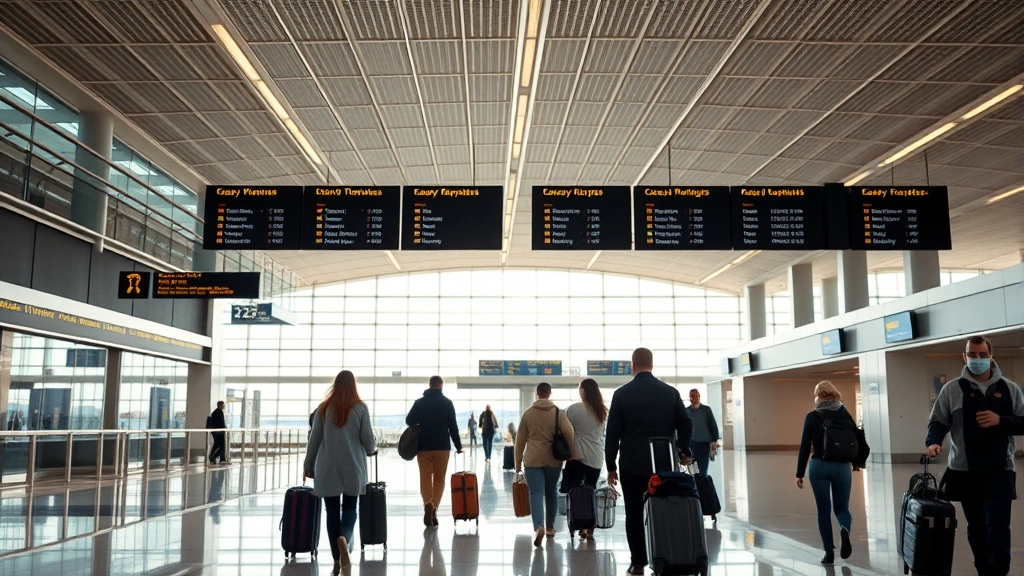 Modern airport terminal interior with international travelers walking with luggage, departure boards visible, bright natural lighting