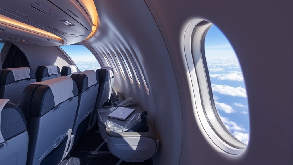 Passenger cabin interior on wide-body aircraft during flight, showing comfortable seating, window view of clouds and ocean below