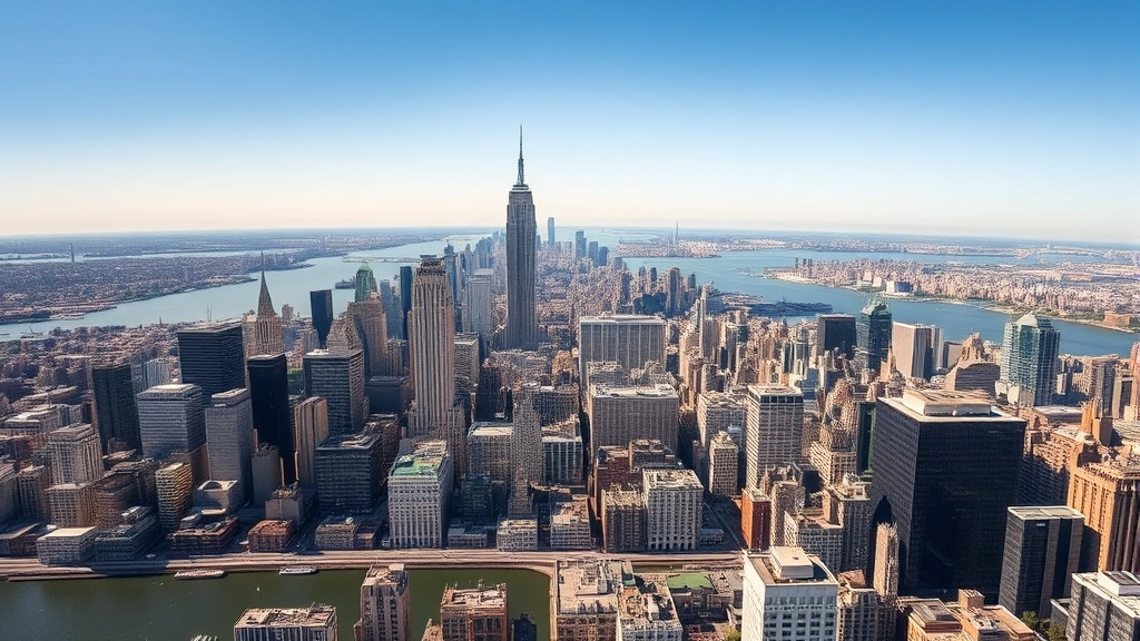 Aerial view of Manhattan skyline with NYC skyline and Hudson River, bright daylight, professional travel photography, high resolution, no text or overlays