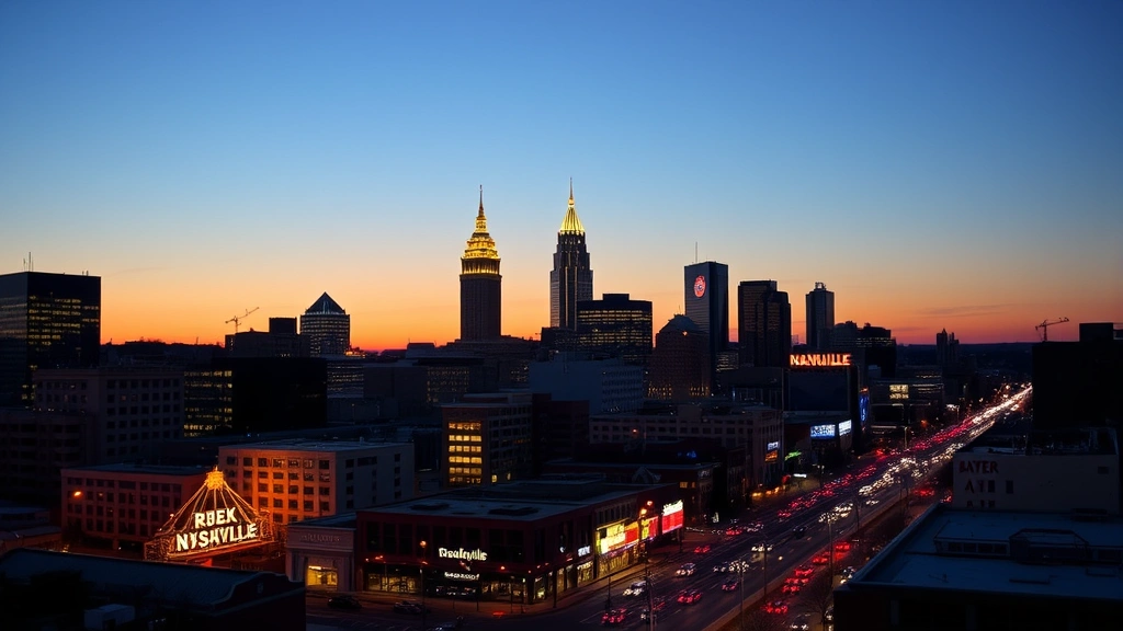Nashville skyline at sunset with illuminated buildings and Broadway street energy, vibrant evening lighting, cityscape photography, clear sky, no signage visible