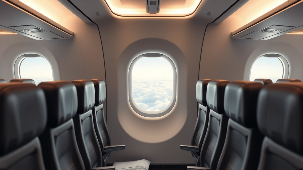 Modern airplane cabin interior with comfortable seating rows, window seat view of clouds below, contemporary aircraft design, bright cabin lighting, empty or minimal passengers