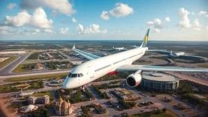 Aerial view of a modern commercial aircraft approaching Orlando International Airport on a sunny day with theme park attractions visible on the ground