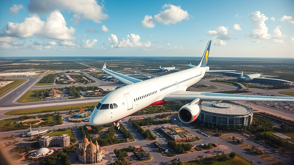 Aerial view of a modern commercial aircraft approaching Orlando International Airport on a sunny day with theme park attractions visible on the ground