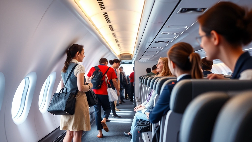 Passengers boarding a narrow-body jet aircraft with flight attendants greeting travelers, interior cabin view showing comfortable seating and modern aircraft features