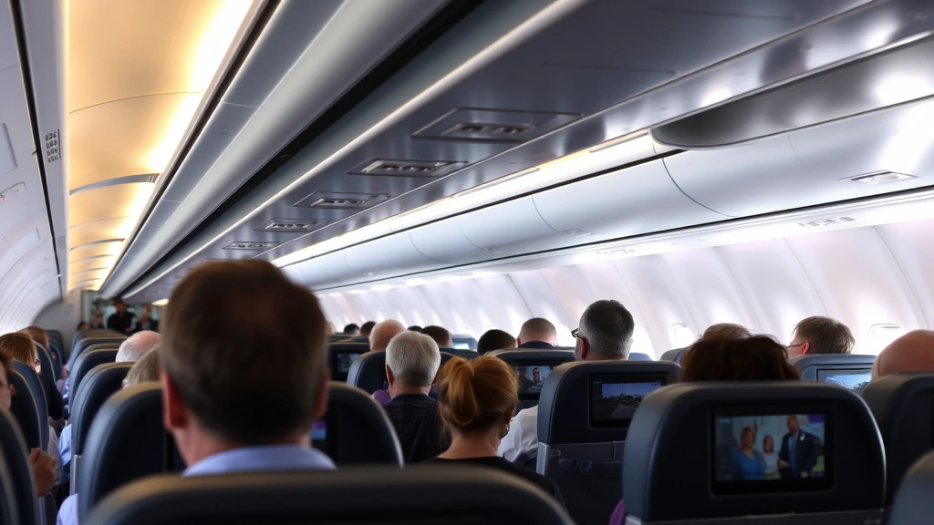 Passengers in economy cabin with overhead bins and seatback screens visible, people relaxing during long flight, daytime cabin lighting, authentic aircraft interior